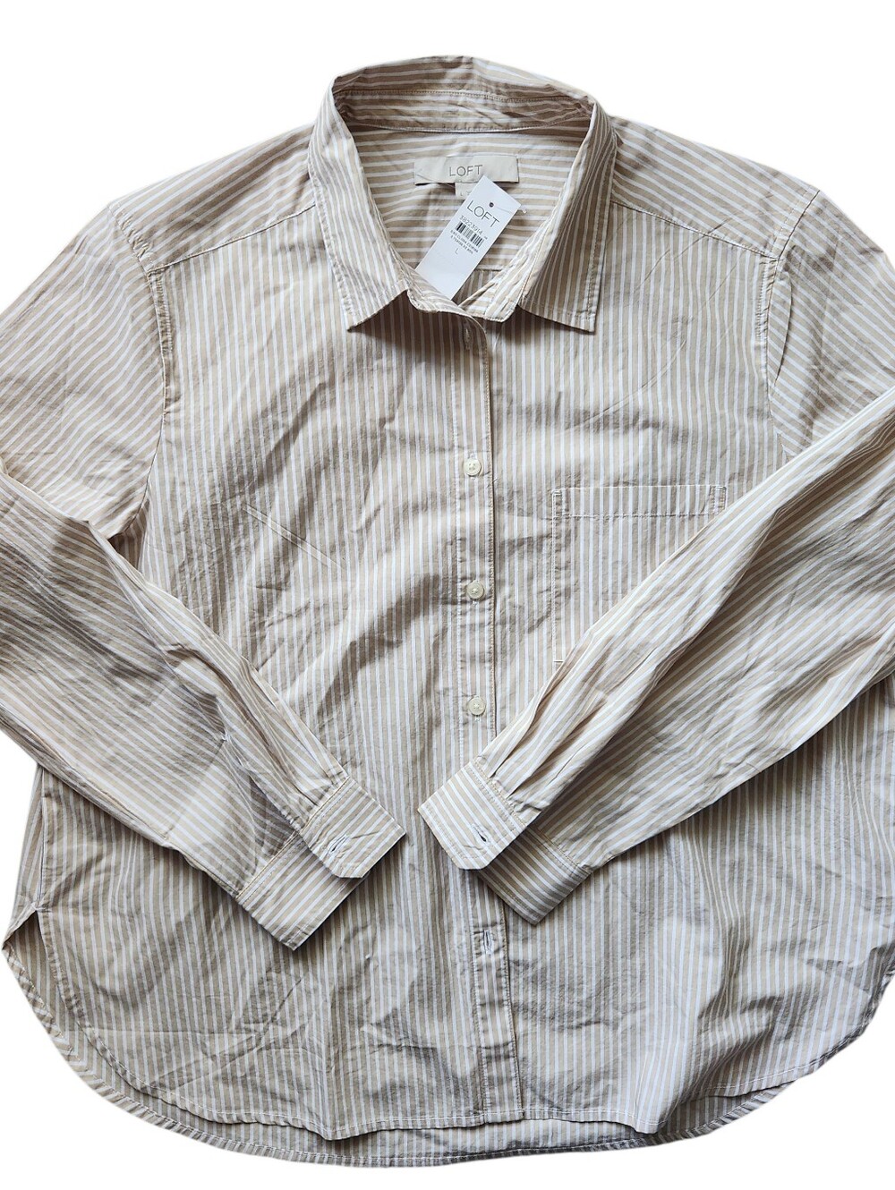 LOFT Beige and White Striped Button-Down Shirt